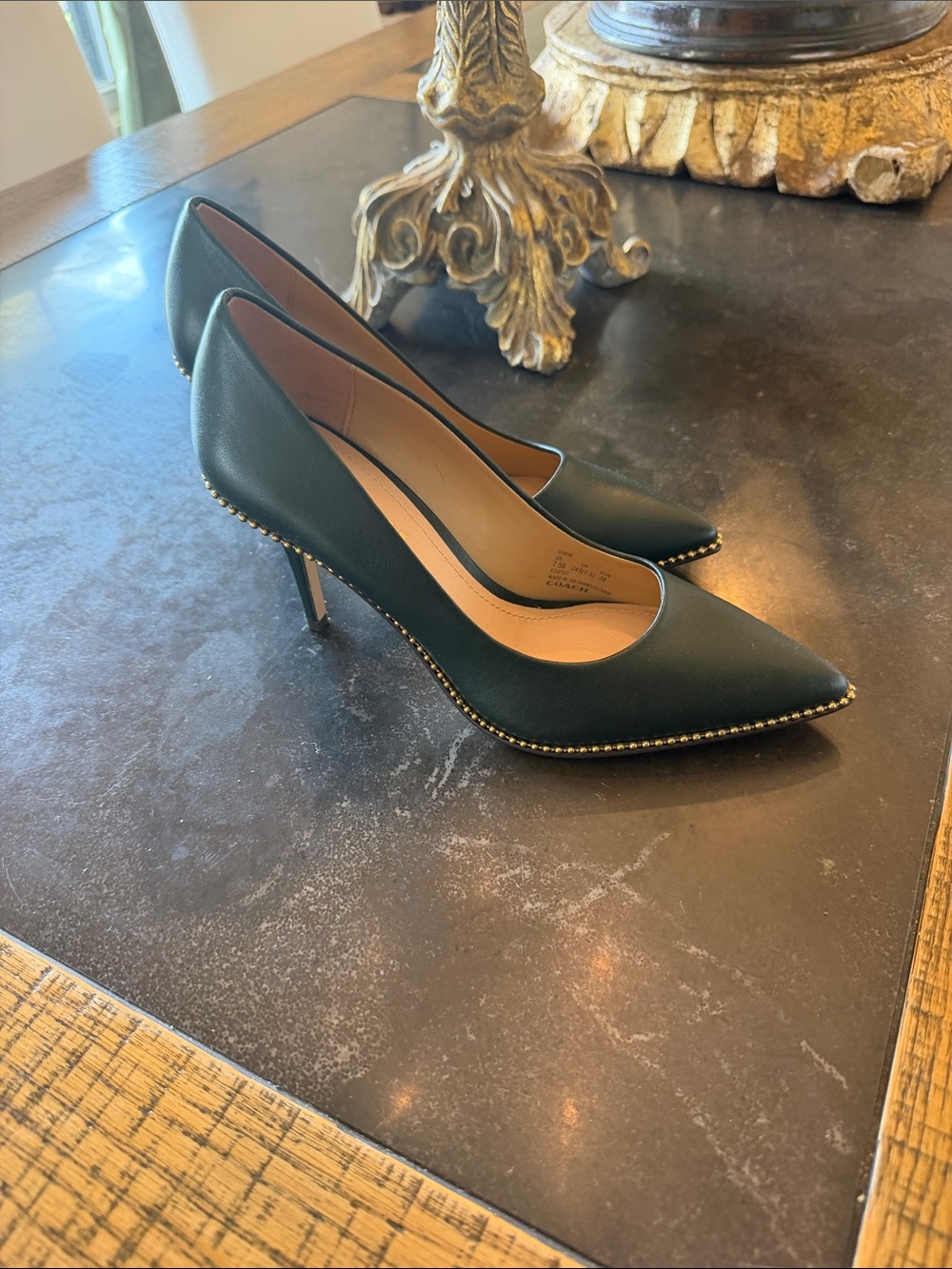 Coach Hunter Green Pointed-Toe Pumps with Gold Stud Trim - Picture 4 of 5